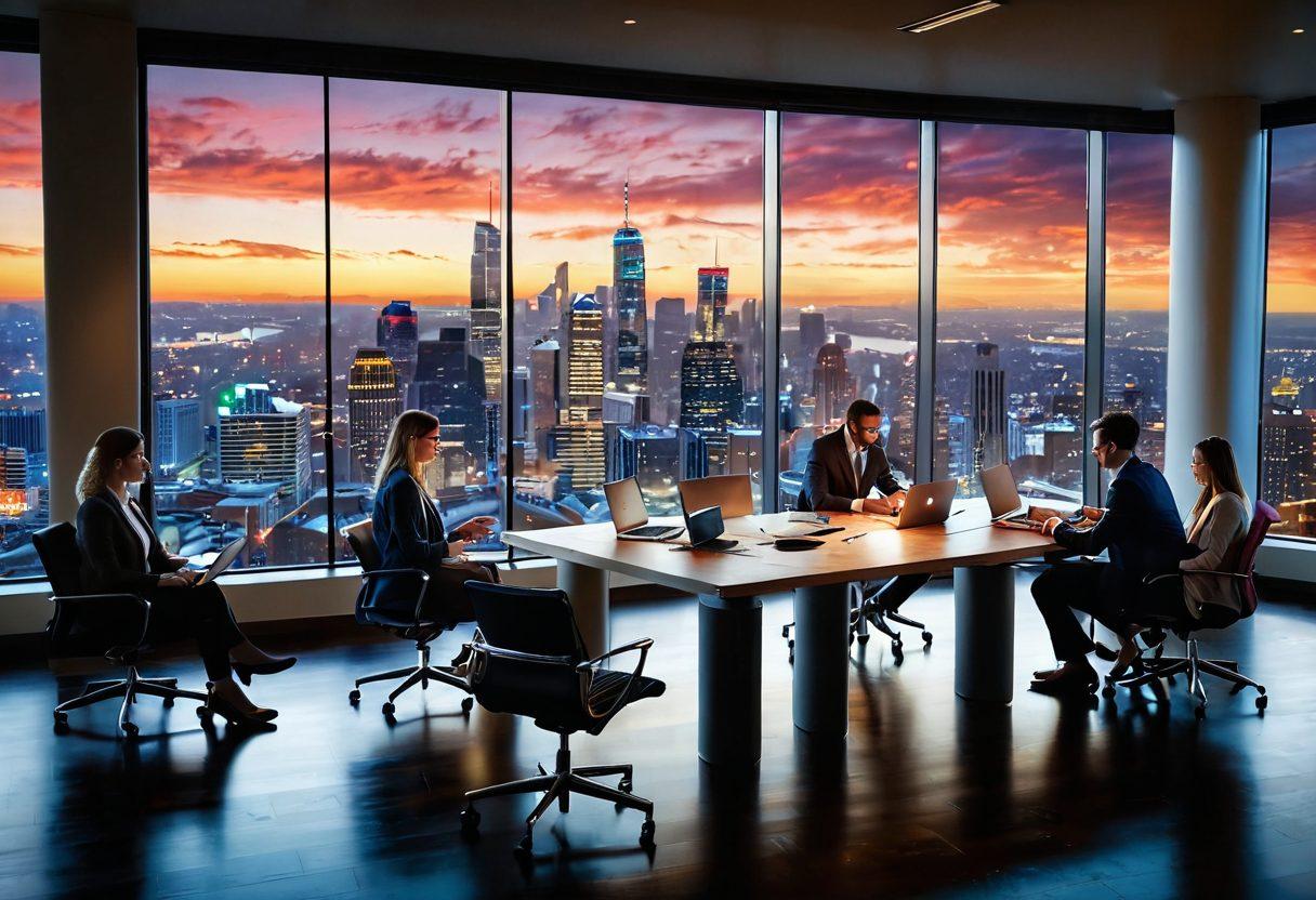 A dynamic workplace scene showcasing diverse professionals collaborating and discussing job market trends around a modern conference table laden with charts and laptops. Include a glowing key symbolizing 'unlocking potential' hovering above them, while a vibrant city skyline is visible through large windows. Soft light filters in, creating an inspiring atmosphere. super-realistic. vibrant colors. modern style.