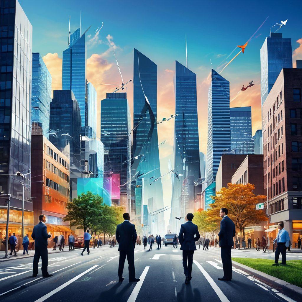 A modern, bustling urban landscape symbolizing diverse job sectors, with individuals of various professions interacting and exchanging ideas. Include digital employment graphs and trend indicators overlaying the scene, along with symbols of growth like arrows and upward-trending lines. A bright sky reflecting optimism and potential in career advancement. super-realistic. vibrant colors. 3D.