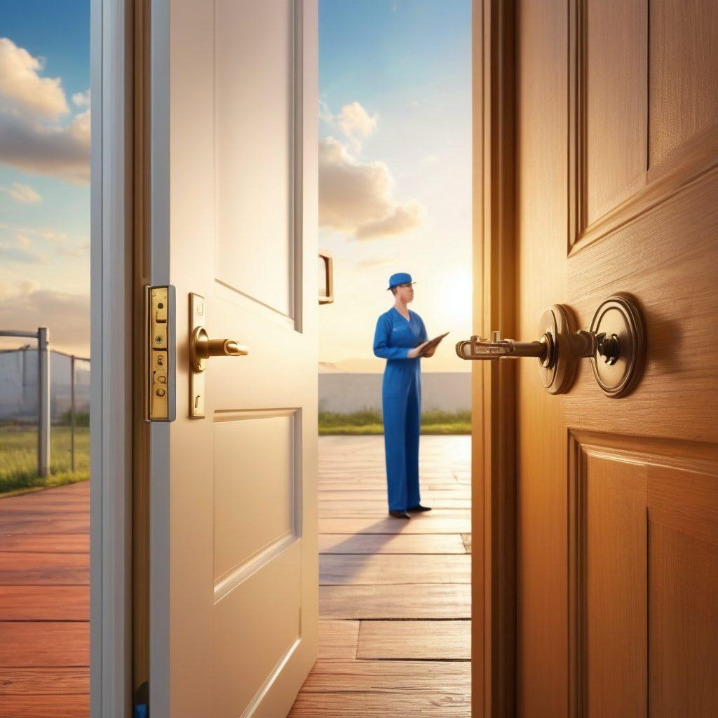 A close-up of a key unlocking a large door, symbolizing job opportunities, with an open pathway leading to a bright horizon filled with various professions like engineering, healthcare, and art. In the background, a diverse group of people engaging in collaboration and development. The image conveys hope and potential for career growth. super-realistic. vibrant colors. inspirational atmosphere.